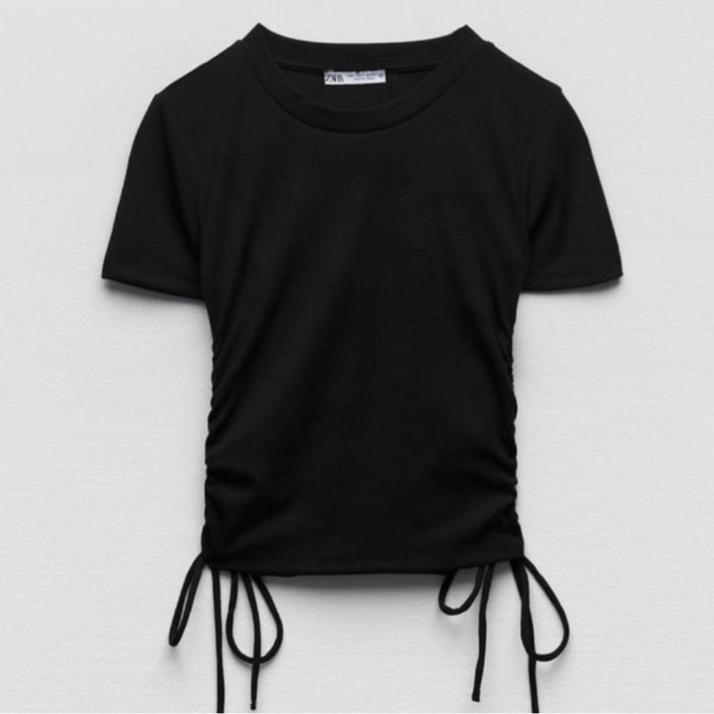 Zara ruched ribbed t-shirt black, Size Small - Picture 1 of 6